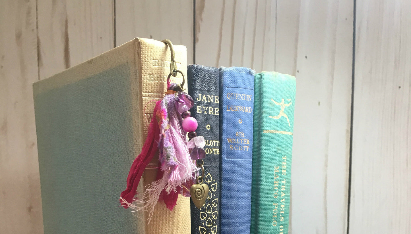 Metal Book Marker, Book Jewelry Charm, Page Marker, Beaded Bookmark, Spine Charm, Stocking Stuffer for Book Lover, Planner Charm with heart