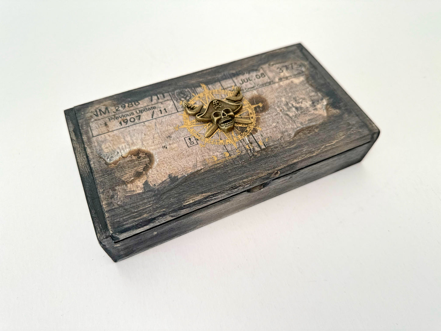 Pirate Wooden Box Treasure Chest Decor, Sea Lover Trinket Case Jewellery Pencil Dice Storage Memory Box Keepsake, Nautical Gift for Captain