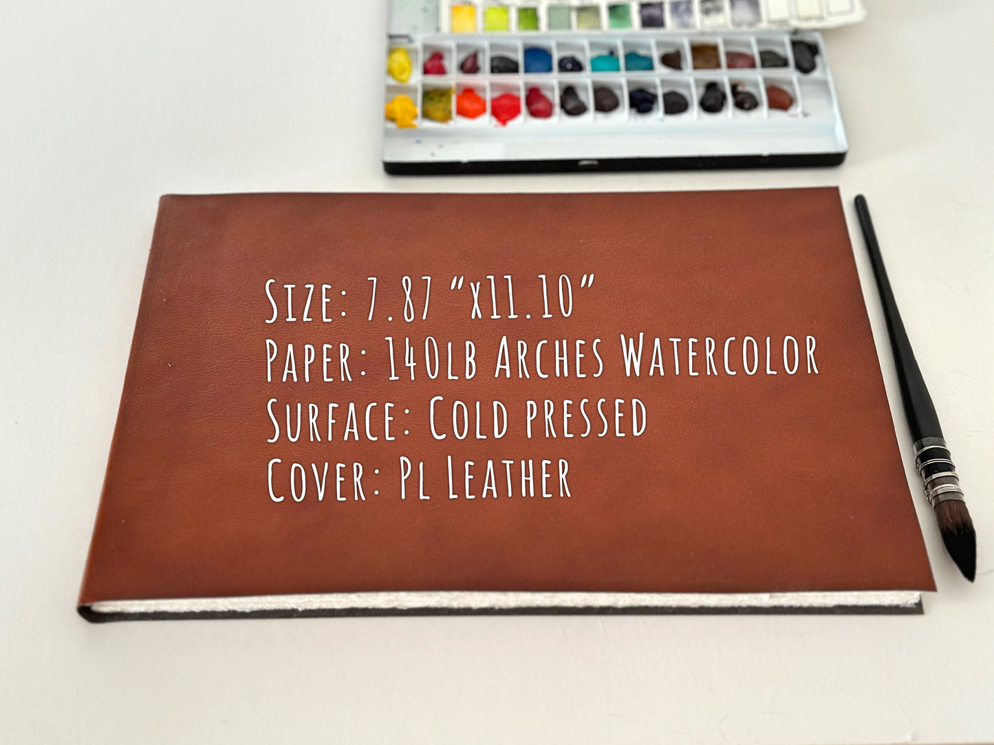 Large Pl Leather Sketchbook with 140lb Cotton Watercolor Paper in Landscape, Softcover Travel Journal, Arches Fine Arts Paper Cold Pressed