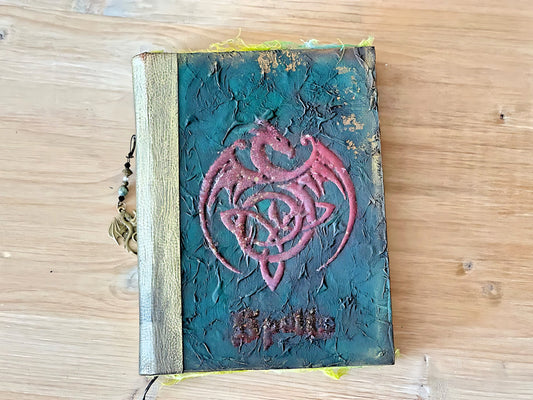 Fantasy Hardcover Spellbook Grimoire with a Celtic Dragon  Cover and decorated pages. Magic Diary RPG Wizard Gift