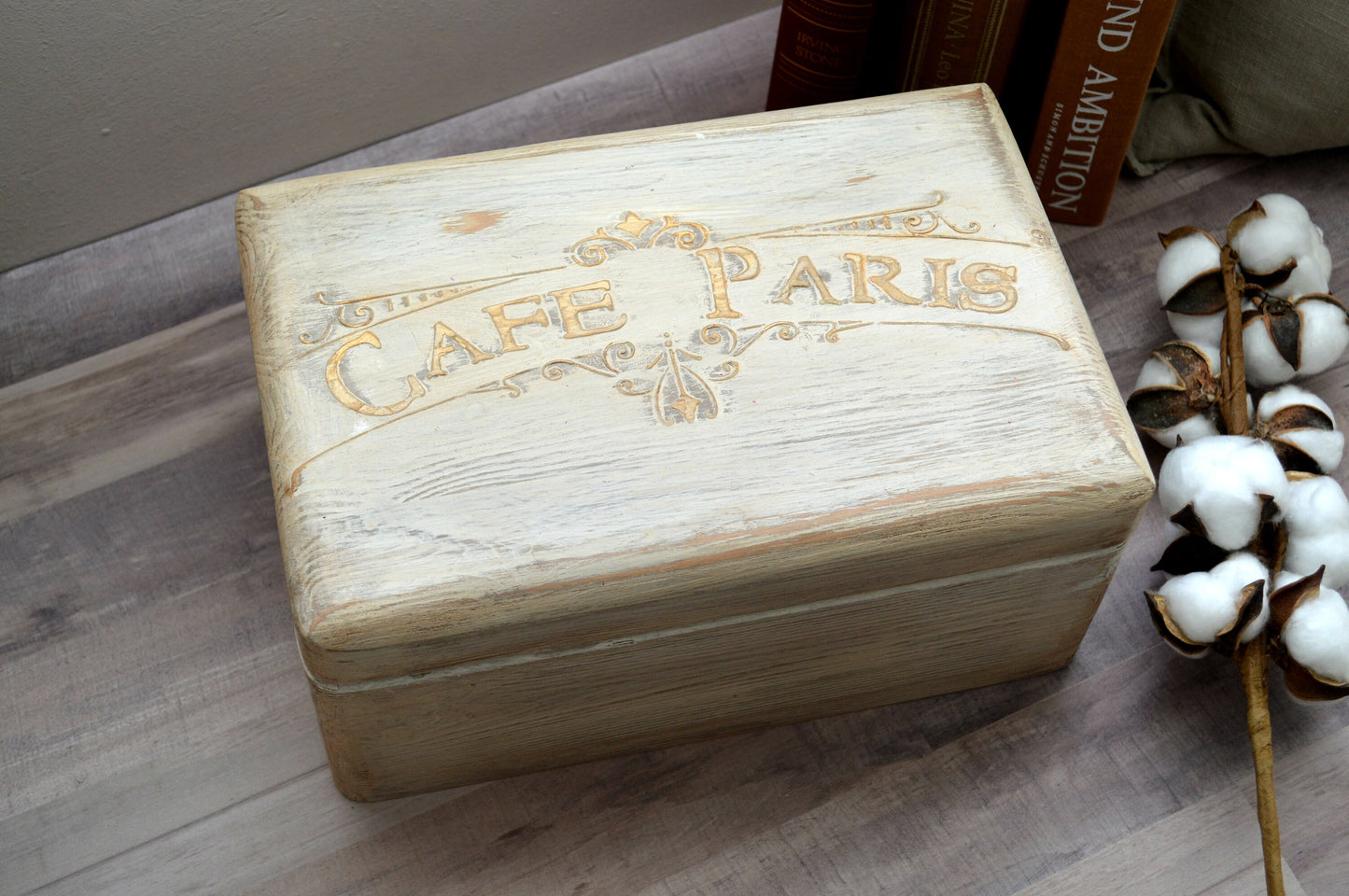 Large Rustic Wooden Box Treasure Chest, Cafe Paris Old White Storage Case Colonial Photo box Gift for her Memory Capsule Gift Home decor box