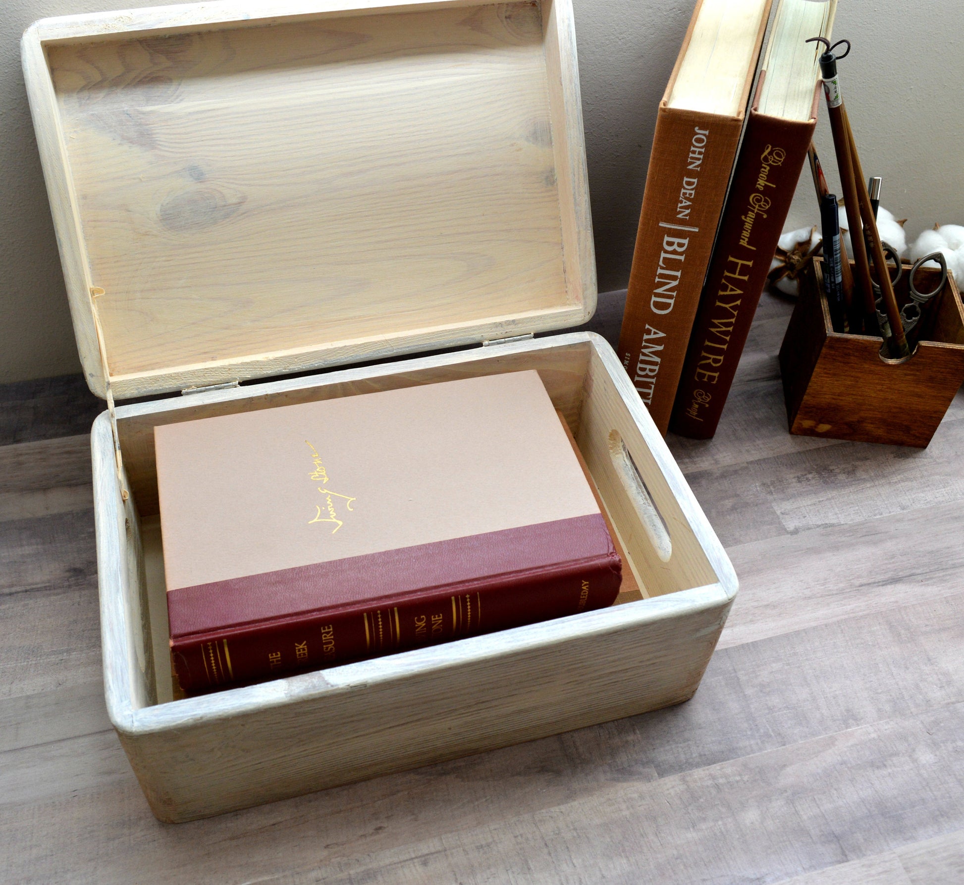 Large Rustic Wooden Box Treasure Chest, Cafe Paris Old White Storage C –