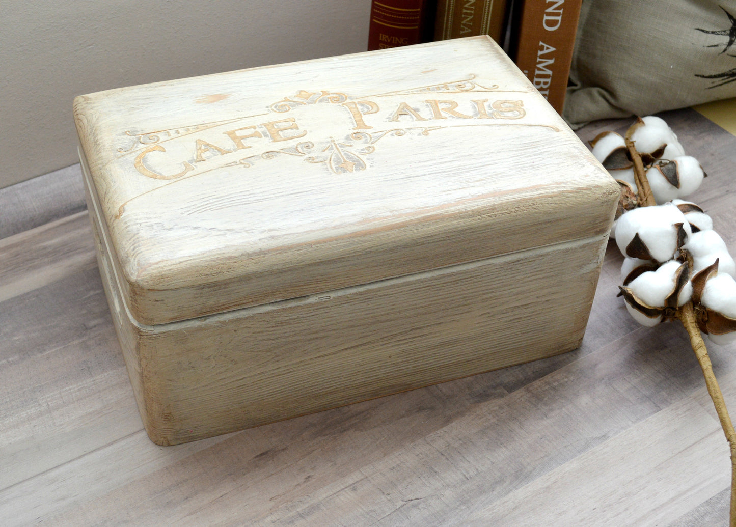 Large Rustic Wooden Box Treasure Chest, Cafe Paris Old White Storage Case Colonial Photo box Gift for her Memory Capsule Gift Home decor box