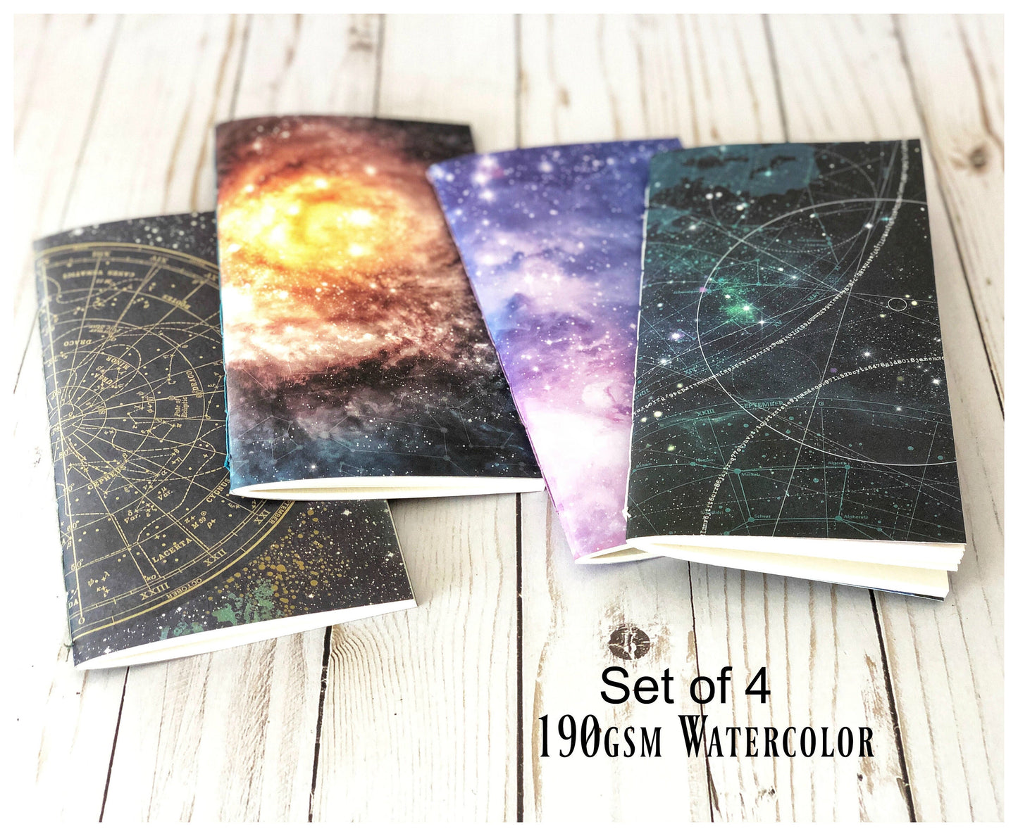 Set of 4 Watercolor Journals Sketchbooks with Astronomy Night Sky Theme,Travelers Notebook Refill Insert,Pocket Art Journal, Gift for Artist