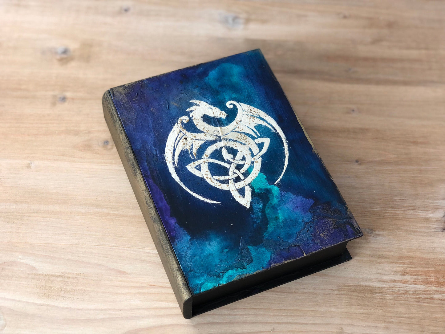 Fantasy Dragon Magic box, Dungeon Master Wooden Book with Secret Spine Drawer, Witchcraft Keepsake, RPG LARP prop roleplaying gift, Dice Box