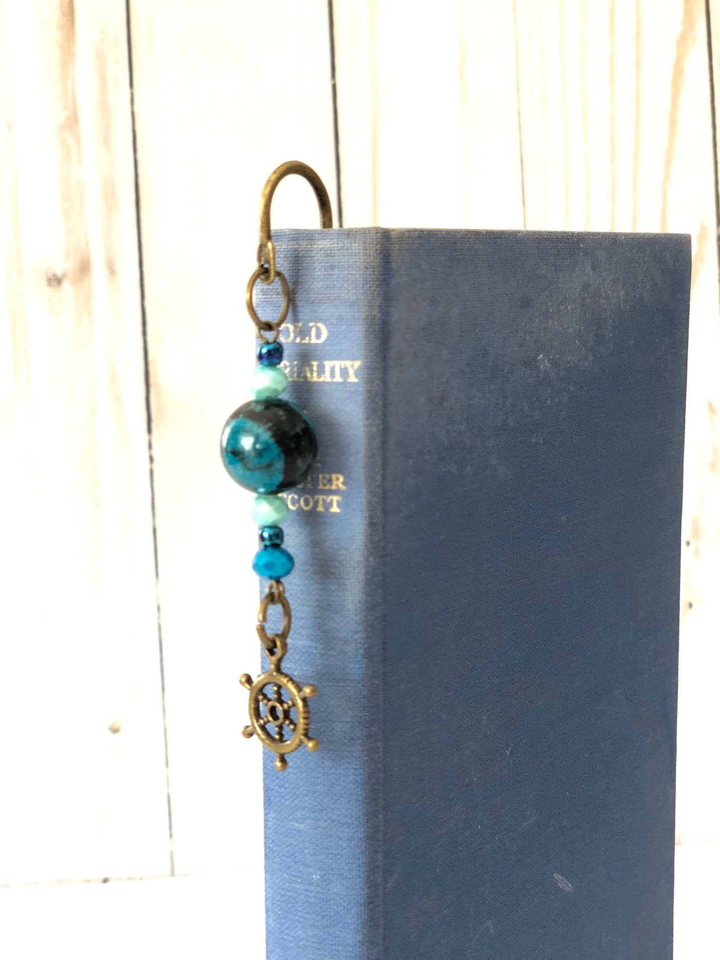Metal Book Mark, Nautical Book Jewelery,  Beaded Bookmark Page Marker, Spine Charm for Book Lover, Office gift for Bookworm, Sea lover Gift