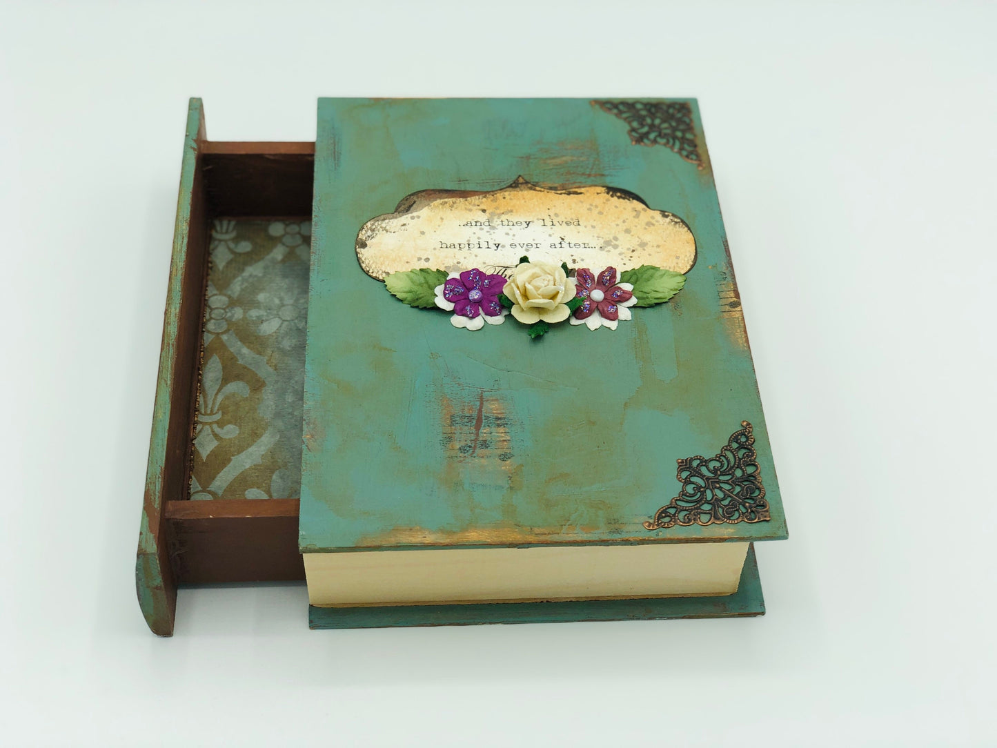 Jewellery Box Vintage Book with Secret Spine Drawer, Photo box Happily Ever After, Vintage Wedding Card box, Gift for her, Keepsake Chest
