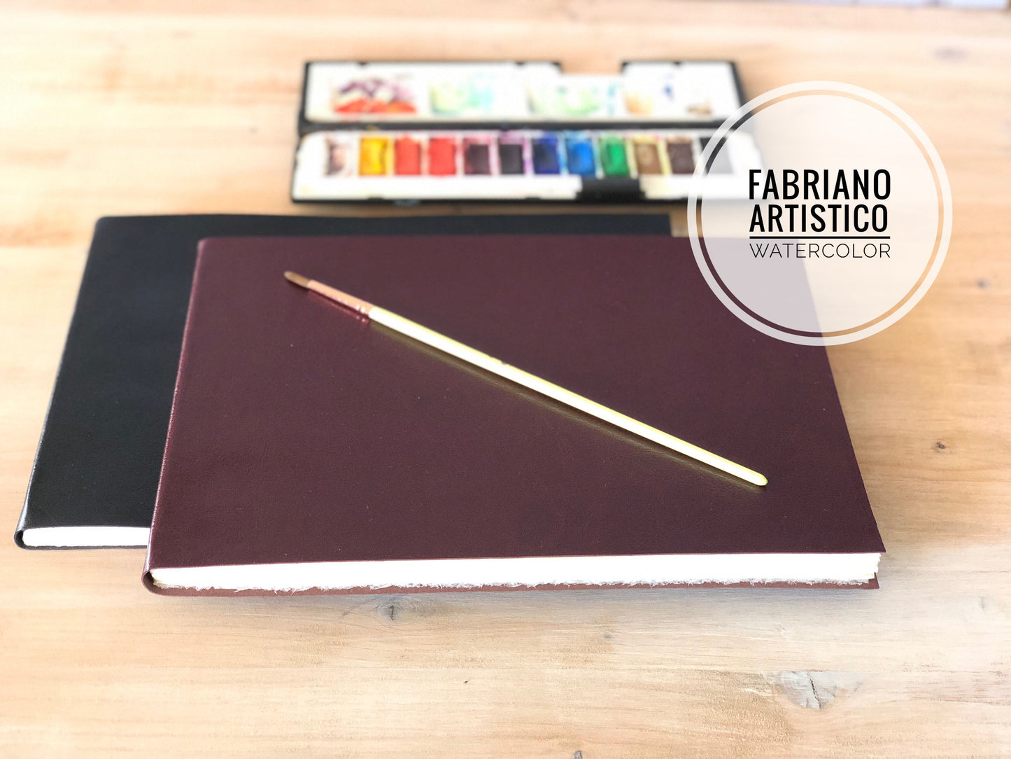 Large Pl Leather Sketchbook with Cotton Watercolor Paper in Landscape Format,  Softcover Travel Botanical Journal,  Fabriano Fine Arts Paper