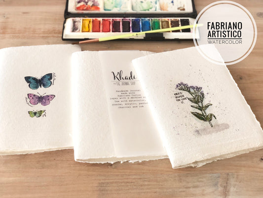 Watercolor Lay Flat Journal Sketchbook with 300gsm Fabriano Artistico Cold Pressed Paper and Khadi cover