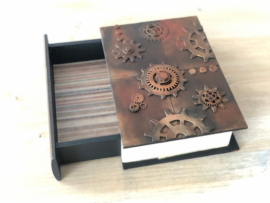 Steampunk jewelry box for Mechanic, Secret Drawer Book Box, Fantasy gift for boyfriend, Cogs and Gears Decorative Box Industrial Home Decor