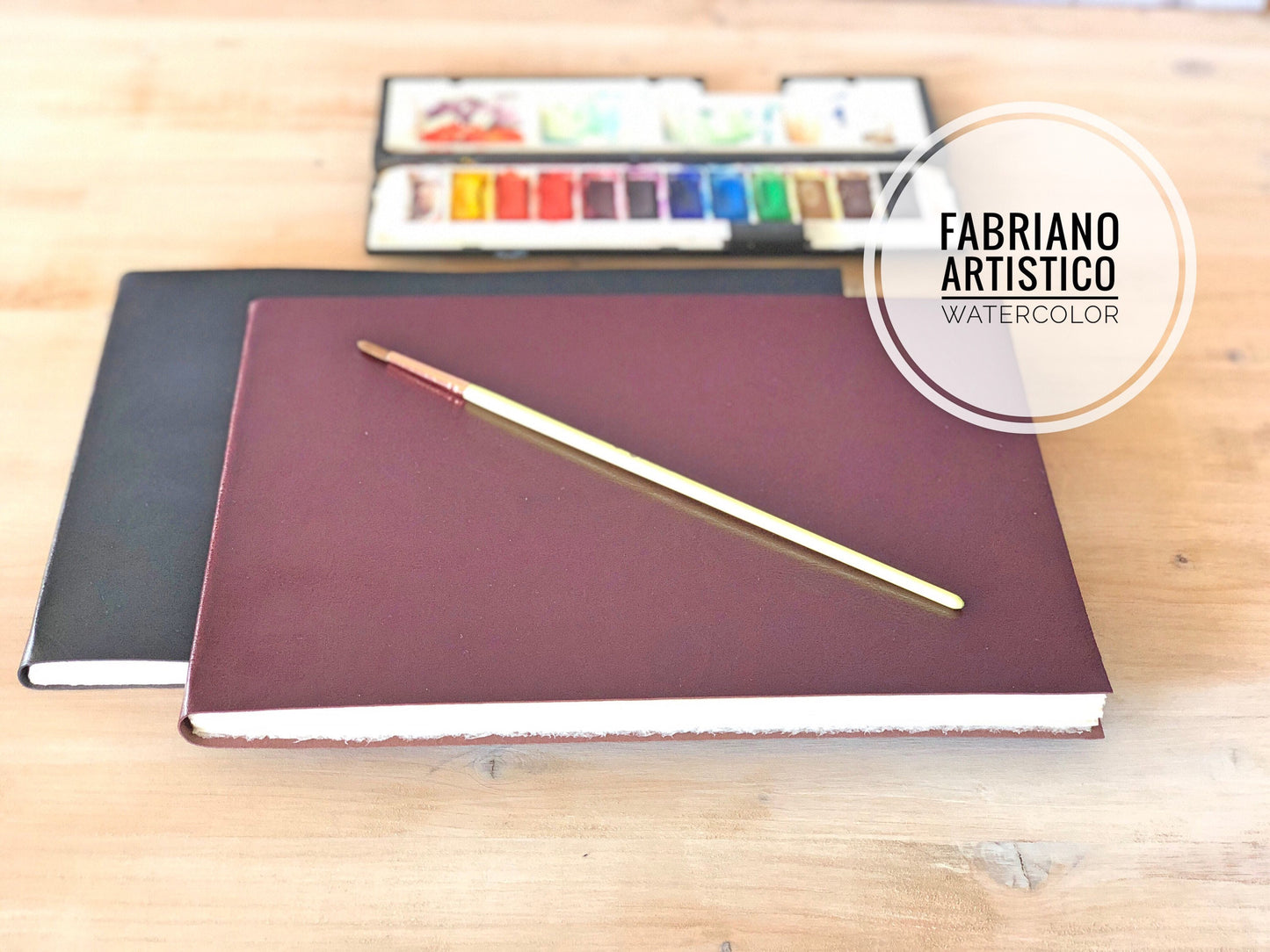 Large Pl Leather Sketchbook with Cotton Watercolor Paper in Landscape Format,  Softcover Travel Botanical Journal,  Fabriano Fine Arts Paper