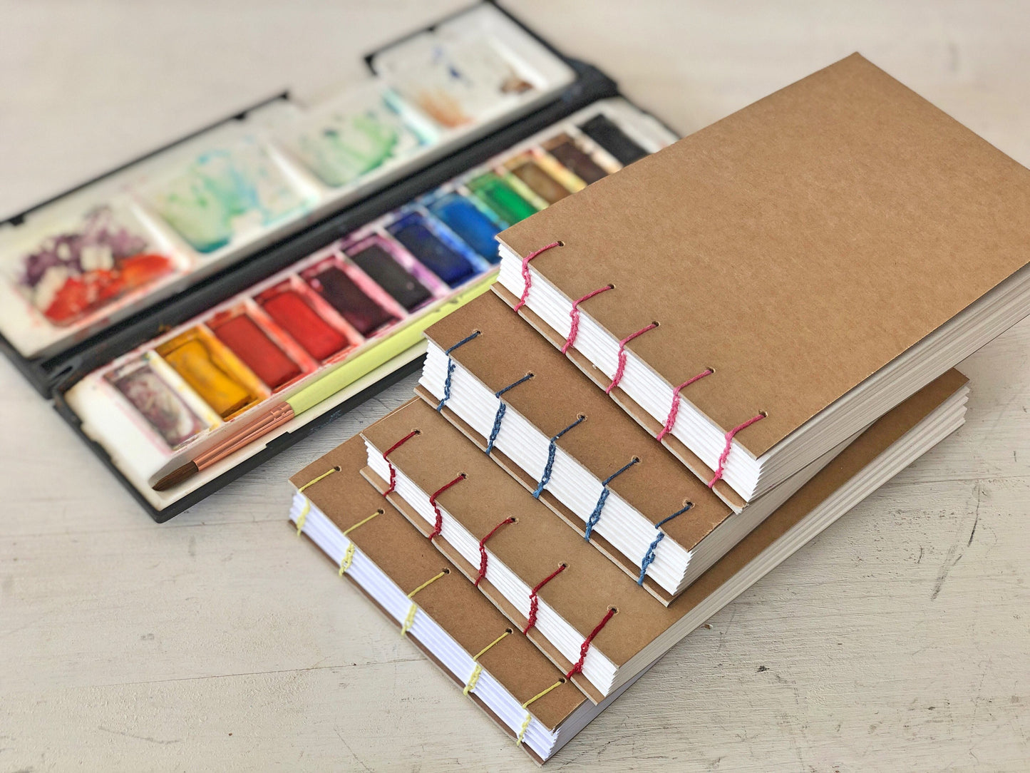 Pocket Watercolor Journals with 140lb Mixed Media paper, Hardcover Open Flat Coptic Landscape Sketchbooks, Gift for Artist, Urban Sketcher